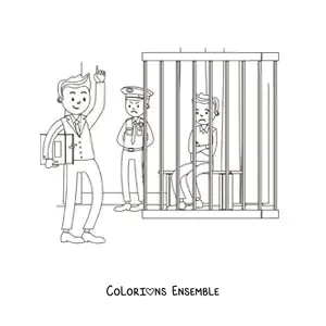 Image à colorier d'un avocat défendant un client en prison