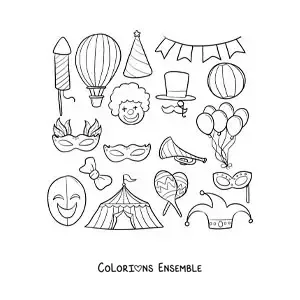 Image à colorier de masques, de chapeaux et d’accessoires de cirque