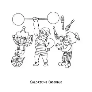 Image à colorier d’un clown, d’un homme fort et d’un jongleur de cirque