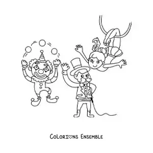 Image à colorier d’un clown jongleur, d’un magicien et d’une acrobate de cirque