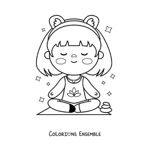 Image à colorier d’une fille kawaii animée en train de méditer