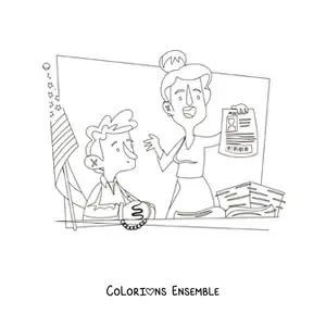 Image à colorier d'une femme avocate animée défendant un client