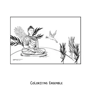 Image à colorier de Bouddha assis en méditation à côté d’une colombe