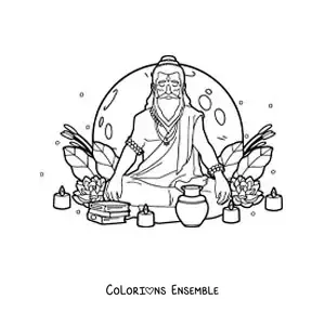 Image à colorier d’un gourou hindou assis en méditation avec des bougies