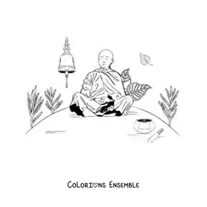Image à colorier d’un moine bouddhiste assis en méditation à côté d’une cloche