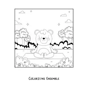 Image à colorier d’un ours animé méditant dans le parc