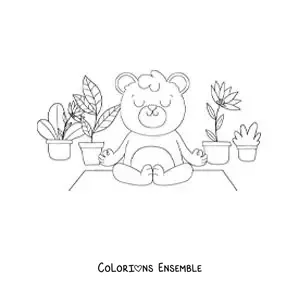 Image à colorier d’un ours animé méditant entouré de plantes