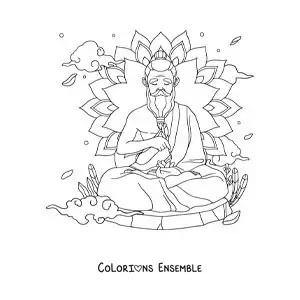 Image à colorier d’un gourou méditant avec un mandala en arrière-plan