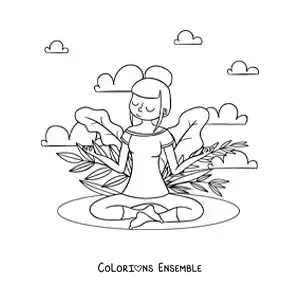 Image à colorier d’une fille méditant dans le parc