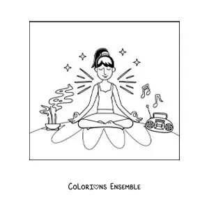 Image à colorier d’une fille méditant à la maison avec de la musique