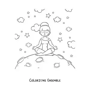 Image à colorier d’une fille méditant sur la Lune