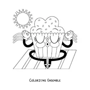 Image à colorier d’un dessin d’un cupcake animé en train de méditer