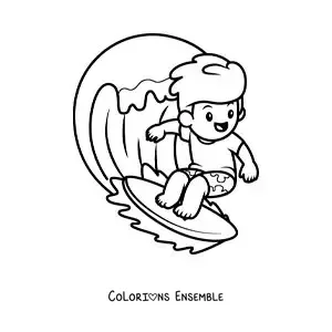Image à colorier d’un garçon animé surfant une vague