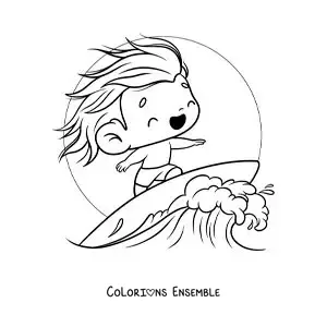 Image à colorier d’un garçon kawaii surfant une vague