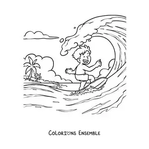 Image à colorier d’un garçon surfant à la plage
