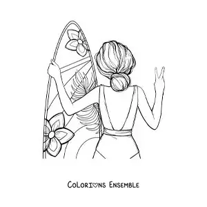 Image à colorier d’une fille de dos avec sa planche de surf