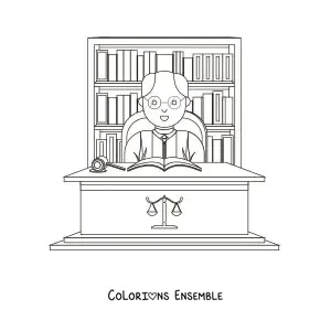 Image à colorier d'un avocat avec un maillet à son bureau