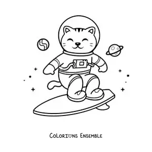 Image à colorier d’un chat astronaute animé surfant dans l’espace