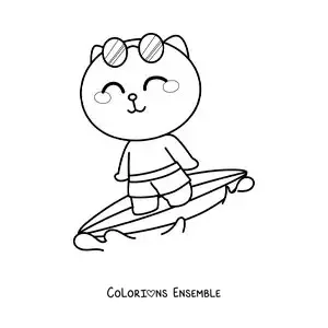 Image à colorier d’un chat animé surfant avec des lunettes