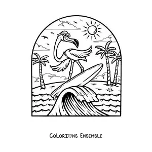 Image à colorier d’un flamant rose animé surfant à la plage
