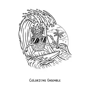 Image à colorier d’un ananas animé surfant à la plage