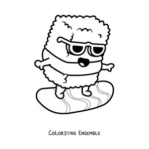 Image à colorier d’un rouleau de sushi animé surfant à la plage