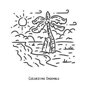 Image à colorier d’une planche de surf sur le sable à la plage