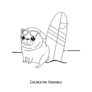 Image à colorier d’un carlin animé à côté d’une planche de surf sur le sable