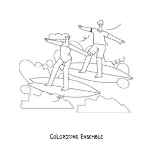 Image à colorier d’un couple en train de surfer