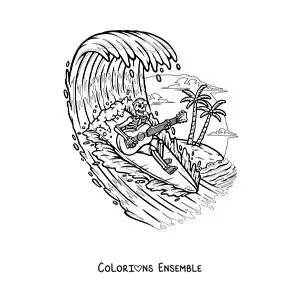 Image à colorier d’un squelette jouant de la guitare tout en surfant à la plage