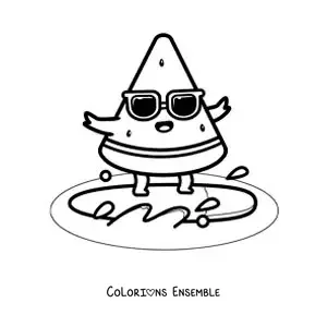 Image à colorier d’un morceau de pastèque animé en train de surfer