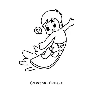Image à colorier d’un garçon animé en train de surfer