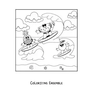 Image à colorier d’un dessin de fruits rigolos faisant du surf à la plage