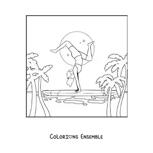 Image à colorier d’une fille faisant des acrobaties sur une planche de surf à la plage