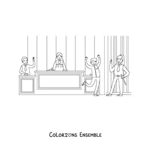 Image à colorier d'un juge et d'un avocat animés lors d'un procès