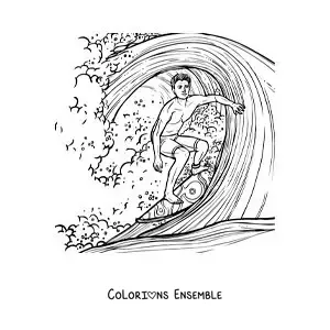 Image à colorier d’un garçon surfant sur une vague dans un style réaliste