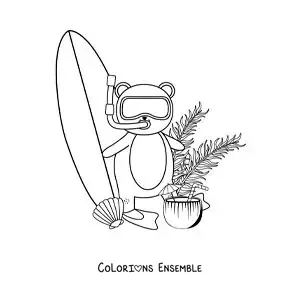 Image à colorier d’un ours surfeur rigolo