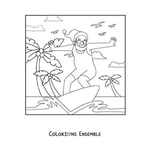 Image à colorier d’un père Noël rigolo faisant du surf à la plage