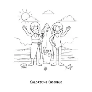 Image à colorier de deux filles à la plage avec un masque à côté d’une planche de surf