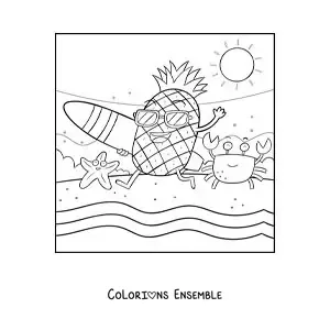 Image à colorier d’un ananas surfeur rigolo courant vers la mer à la plage