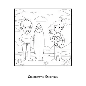 Image à colorier d’un garçon surfeur et d’une fille avec un ballon à la plage