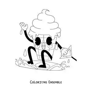 Image à colorier d’un dessin d’une glace rigolote en train de surfer