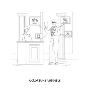 Image à colorier d'un avocat interrogeant lors d'un procès