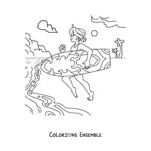 Image à colorier d’une fille surfeuse courant vers la mer à la plage
