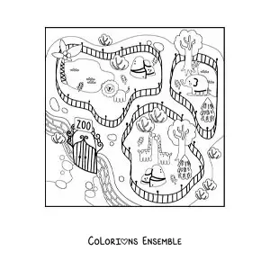 Image à colorier d’un zoo avec des girafes, des éléphants et des lions