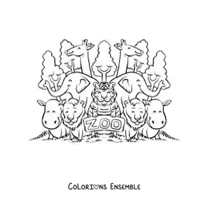 Image à colorier d’un zoo avec tous ses animaux rigolos