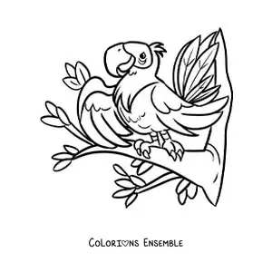 Image à colorier d’un ara de zoo rigolo dans un arbre