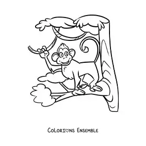 Image à colorier d’un singe de zoo rigolo dans un arbre