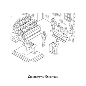Image à colorier d'une scène avec un juge et un avocat lors d'un procès