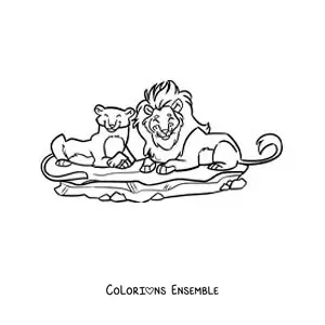Image à colorier d’un couple de lions de zoo rigolos couchés